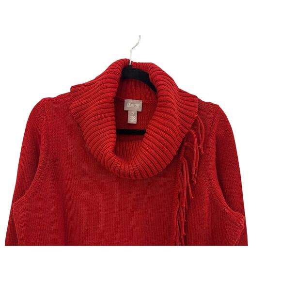 Chicos Red Sweater Cowl Neck Fringe Detail Long Sleeve Cotton Blend Christmas L - Picture 3 of 8